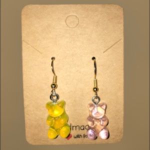 Yellow and pink gummy bear earrings non-tarnish.
